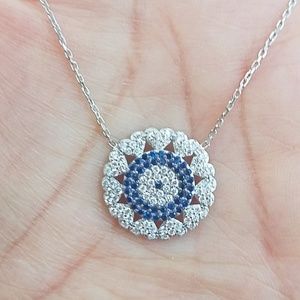 Evil Eye Blue Silver Heart Necklace 16 18 inches